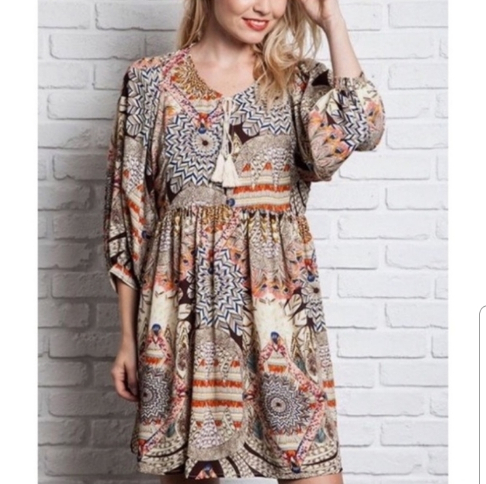 Umgee Boho Feather Print Baby Doll Dress Tunic